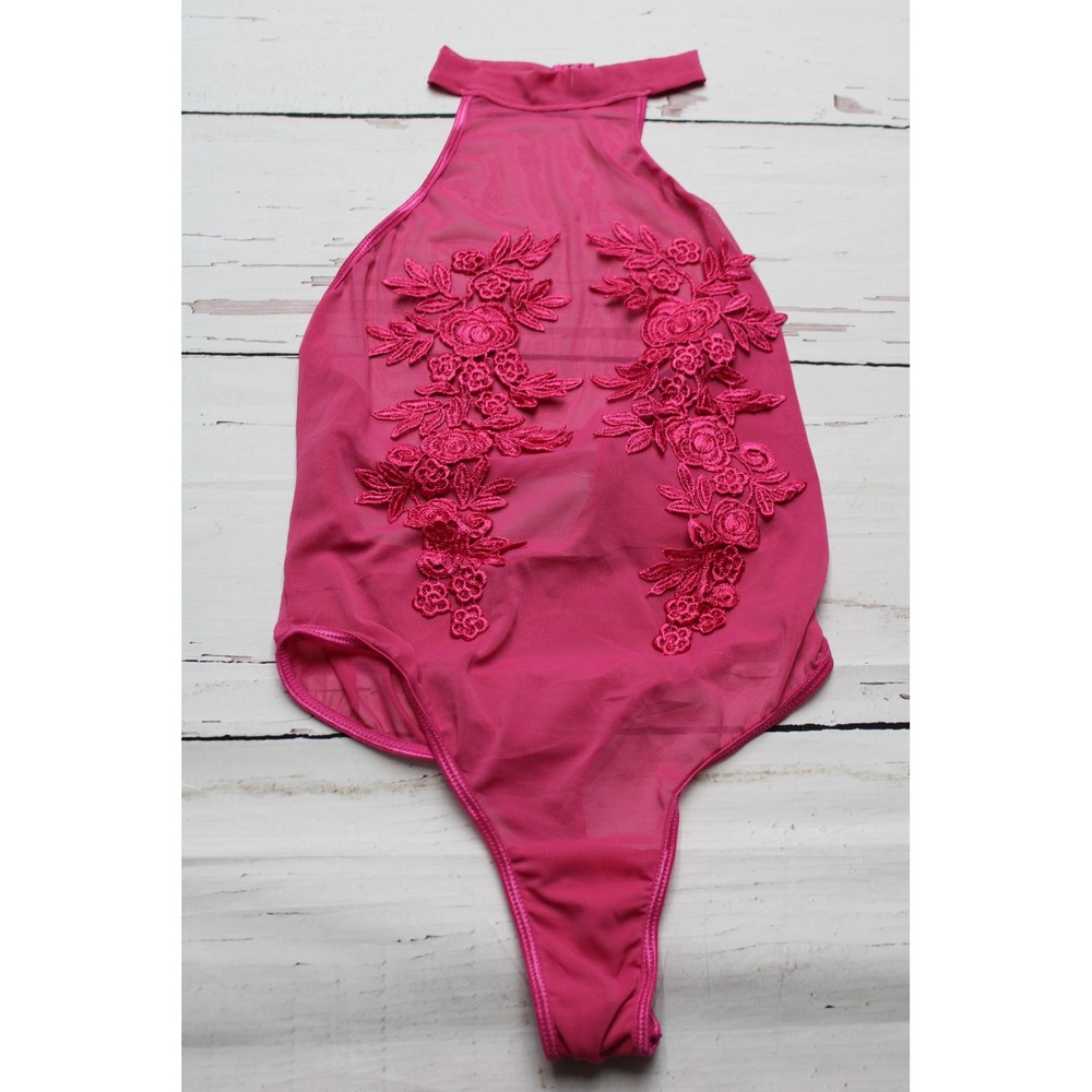 Girece Hot Pink Sheer Mesh Floral Lace Halter Neck Open Back Bodysuit Large NWT